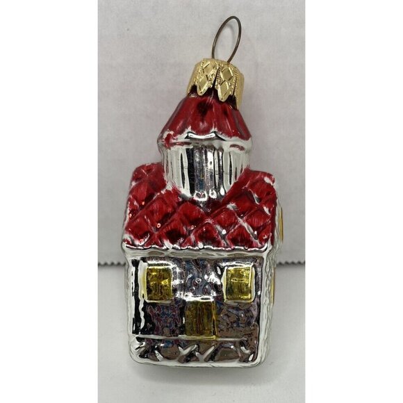Vintage Glass Christmas House Ornament Red Roof Silver Walls Gold Windows - Picture 2 of 5